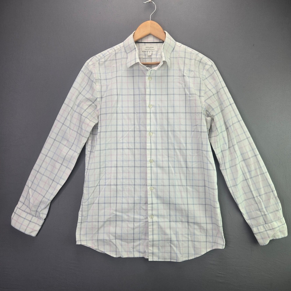 Banana Republic Shirt Slim Fit Wrinkle Resistant M White Plaid Long Sleeve